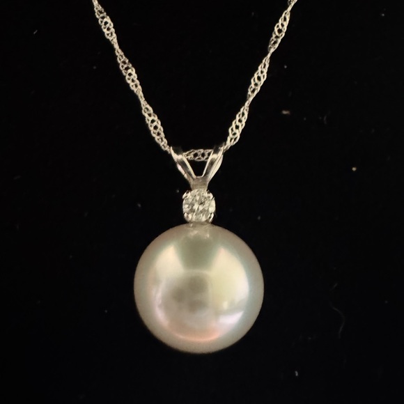 SOLITAIRE SOUTH SEA PEARL PENDANT NECKLACE W/ DIAMOND 14K W. GOLD - Picture 2 of 8